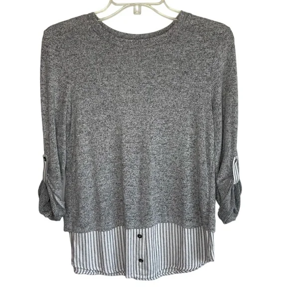 Monteau Preppy Classic Gray Crewneck Roll Tab Layered Sweater Top Blouse - Picture 2 of 8